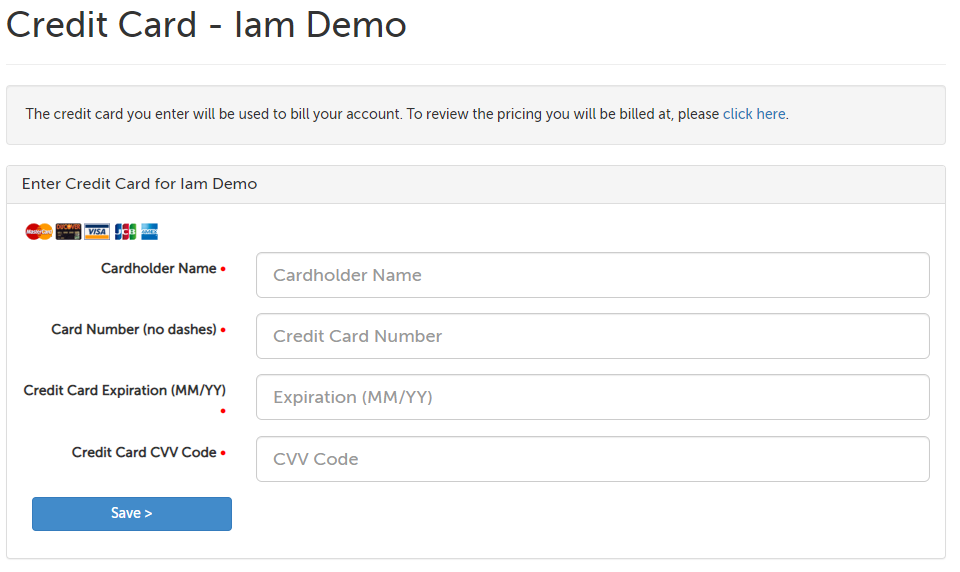 Credit card fields page