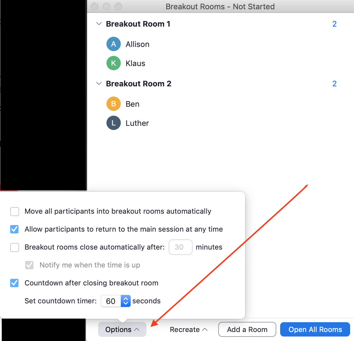 Arrow pointing at the Options button for Breakout Rooms within Zoom app