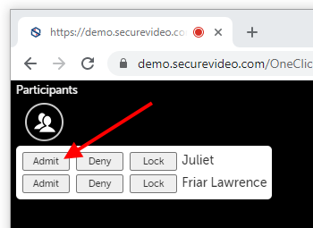 One-Click waiting room buttons: Admit, Deny, Lock